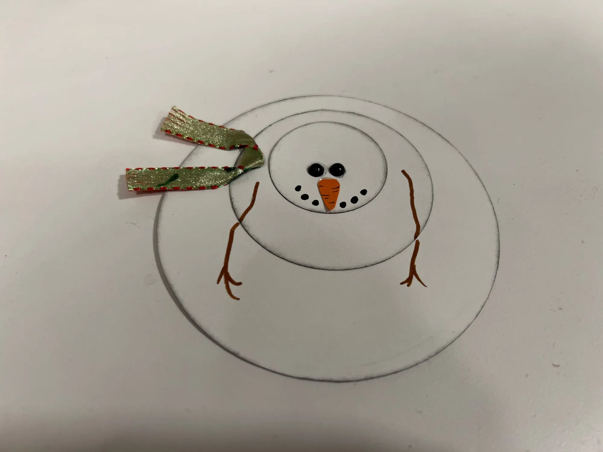 A white card with a snowman drawn as two outlined circles, with dark dot eyes and mouth, an orange carrot nose, thin brown arms and a green ribbon scarf.